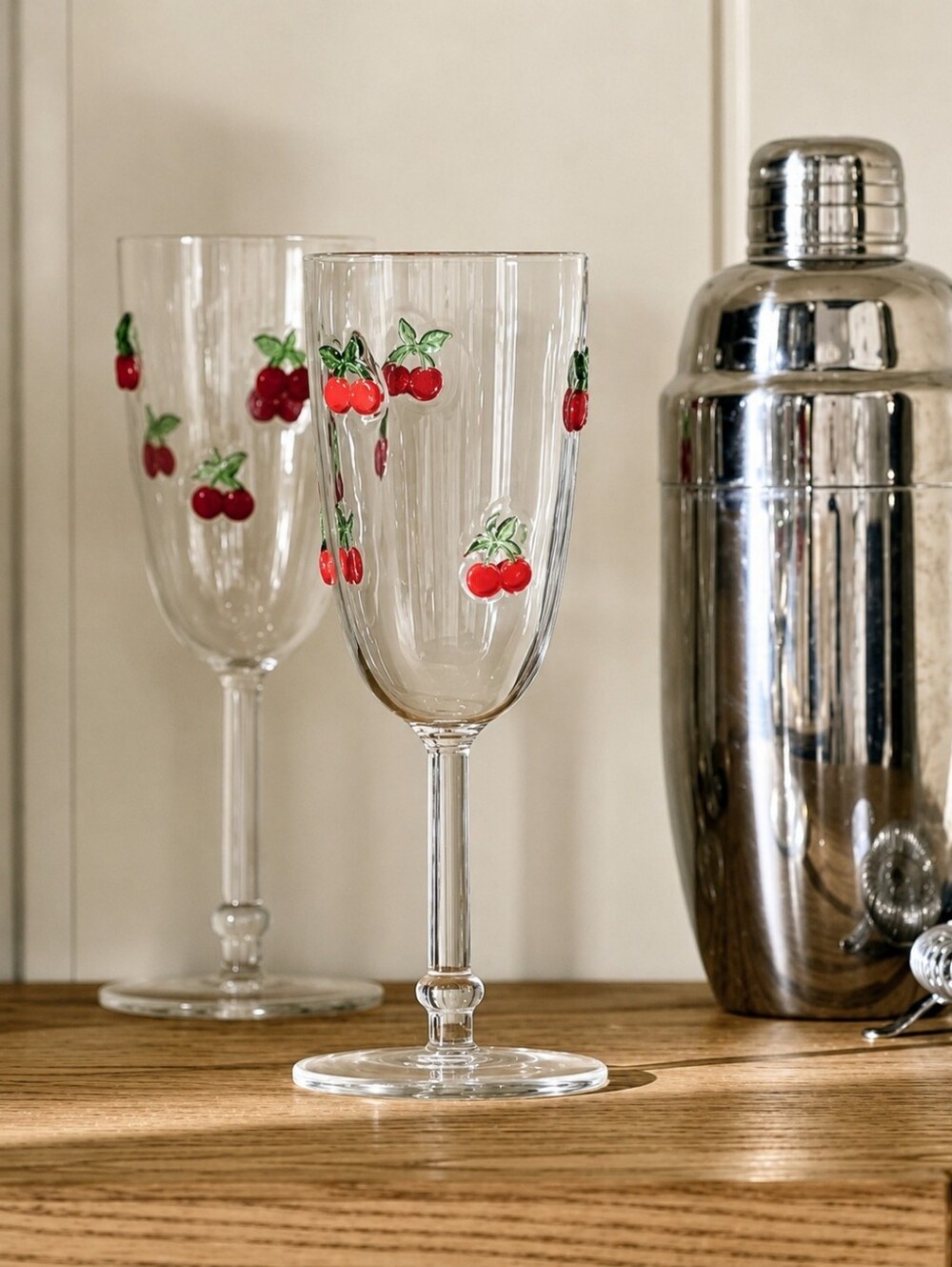 Anthropologie Cherry-Print Stemmed Champagne Flutes - Red -